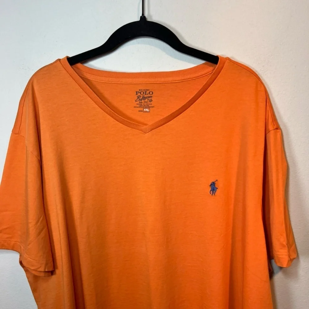 Polo Ralph Lauren V-Neck T-Shirt Orange Cotton Blue Embroidered Pony Mens Sz XXL